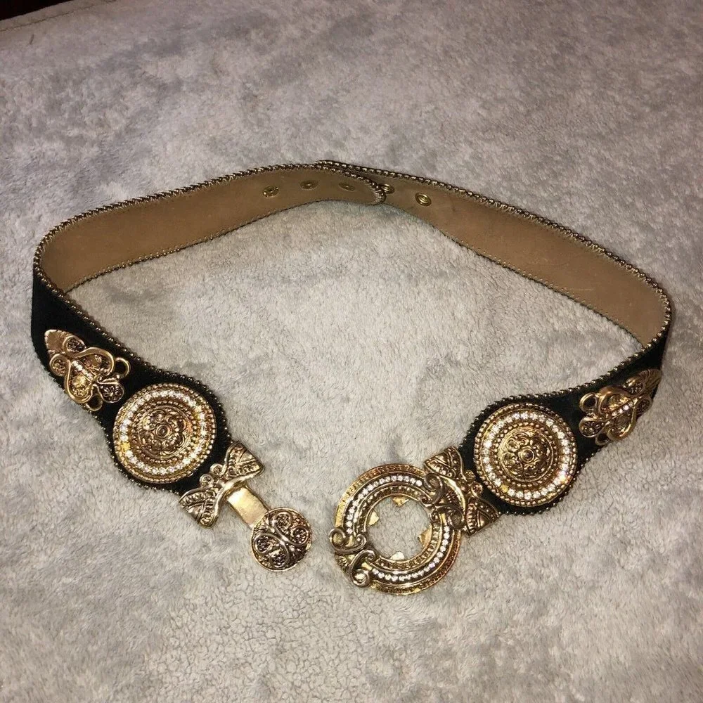 Vintage IBEL Italy Black Suede Adjustable Gold Buckle Details Jewels Waist